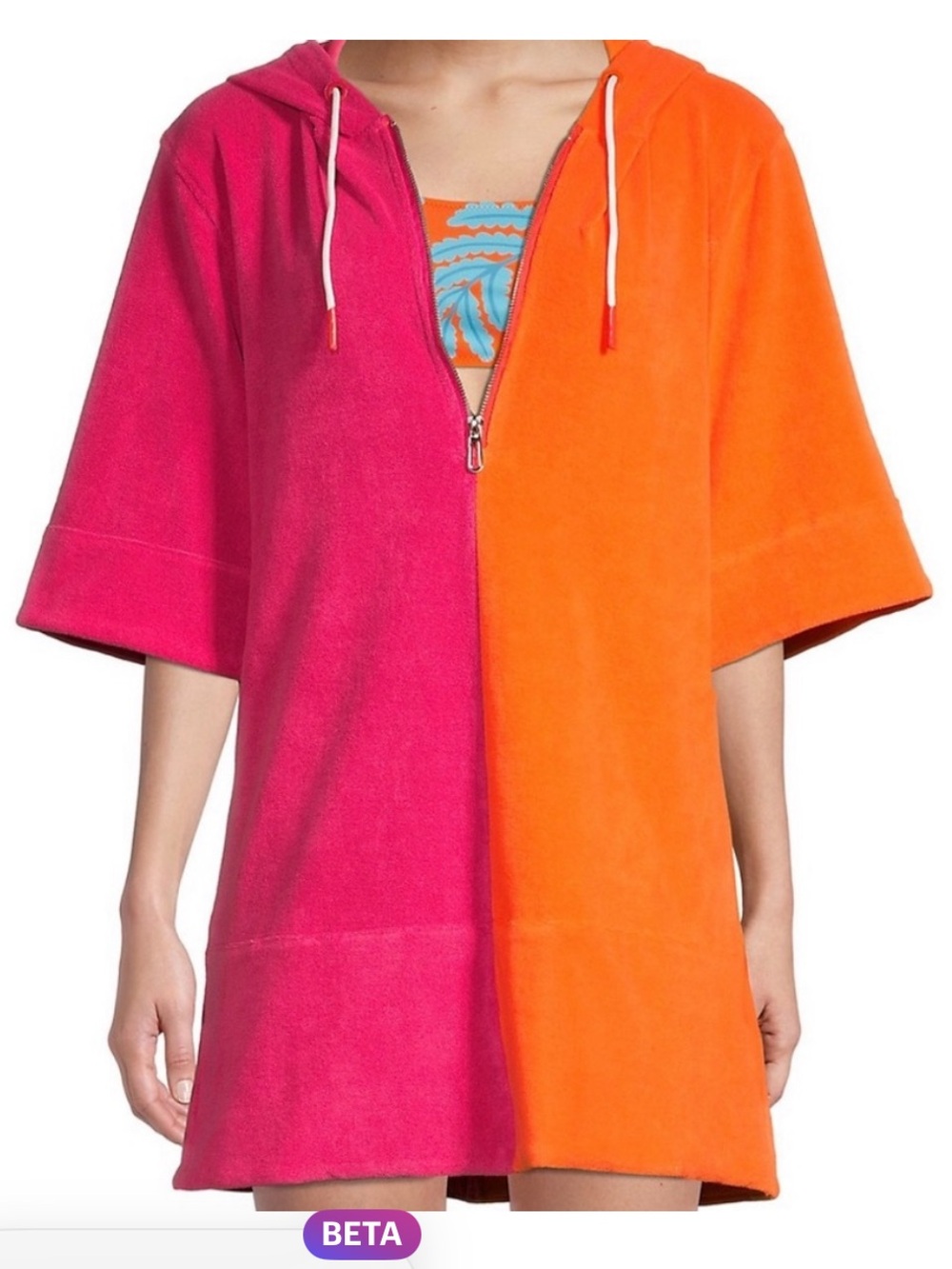 SOLID & STRIPED Two-Tone Hooded Terry Cover-Up in Hot Pink and Bright Orange
